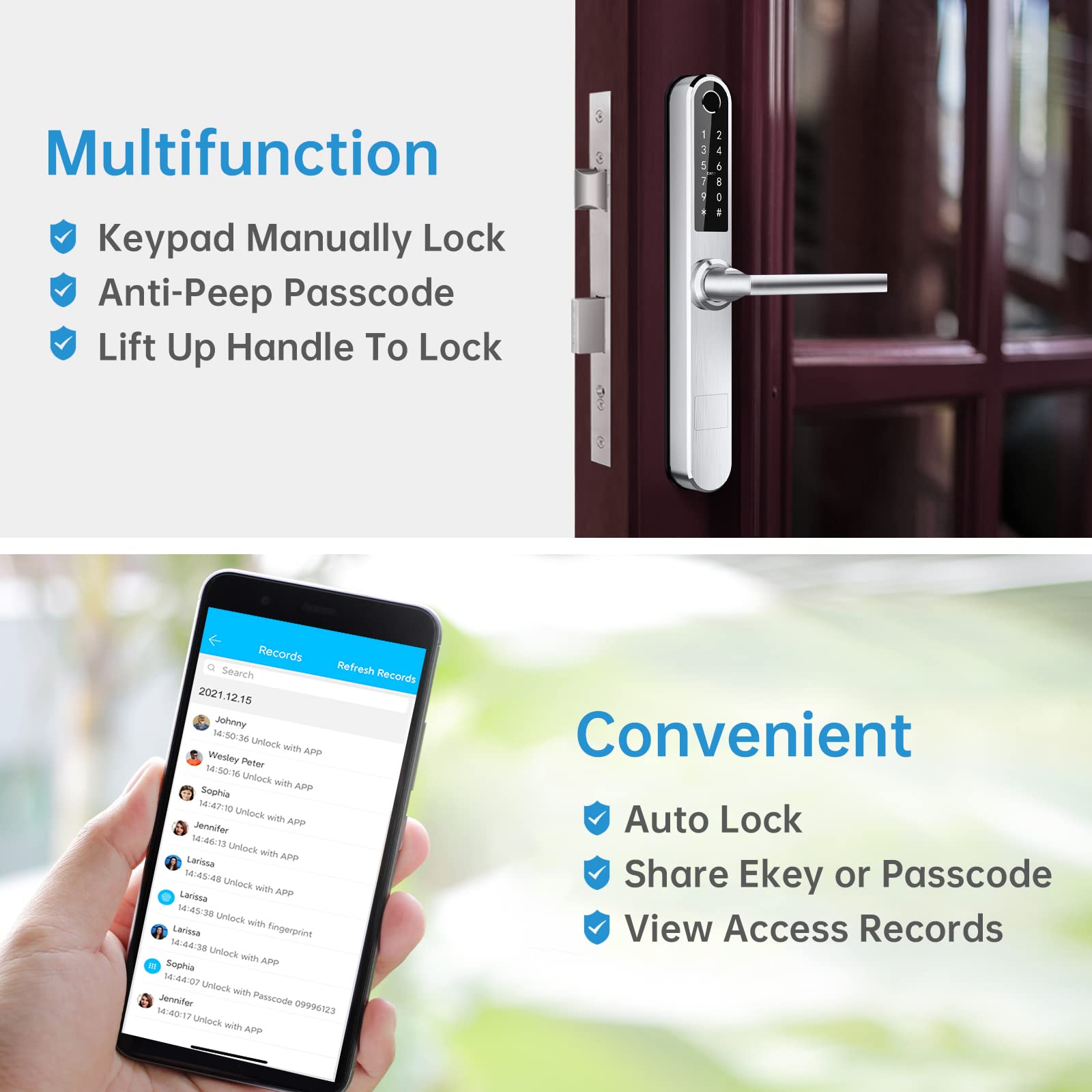 Ruveno Schlank Fingerabdrucks Türschloss, Smartes Türschloss mit Griff, Digitalen Türschloss, Intelligentes Diebstahlsicherung Schloss(silber)