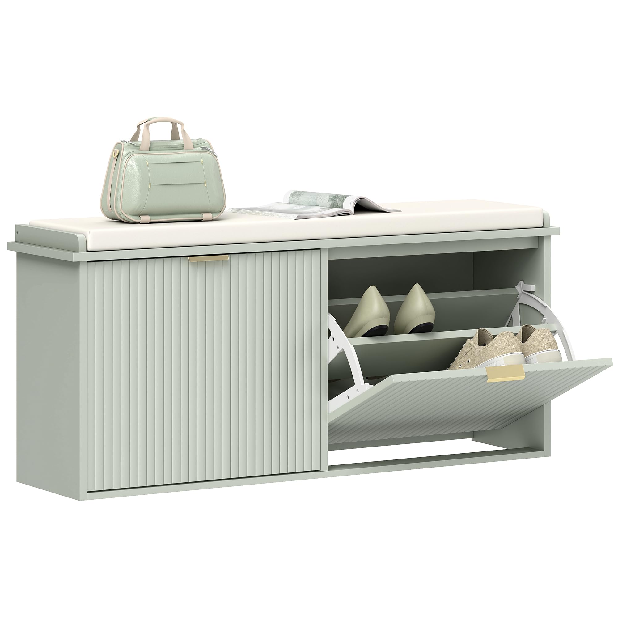 HOMCOM Shoe Rack Bench with Cushion - Green - Linen/Gold - 240kg Capacity