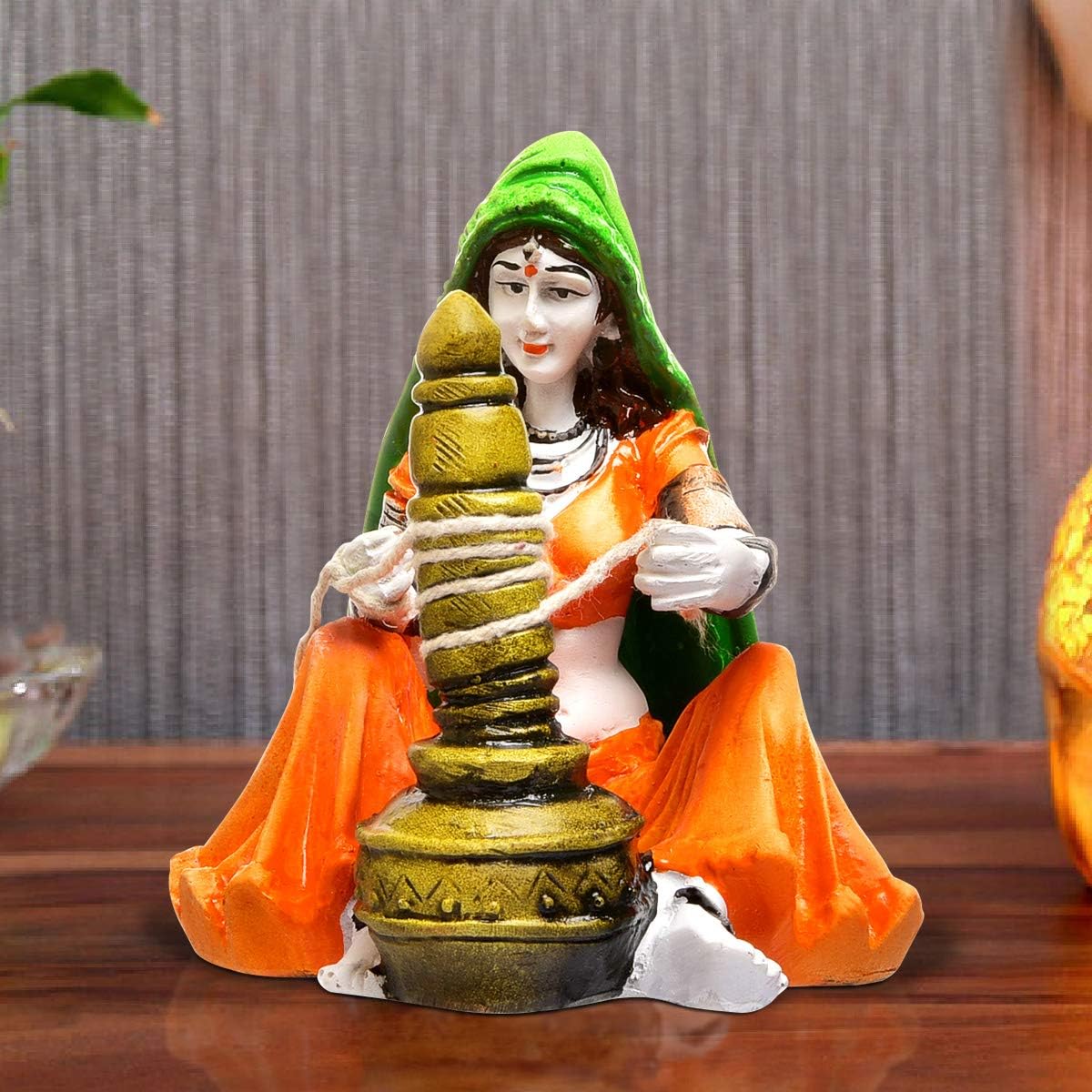 Karigaari India Rajasthani Lady with Chaas Polyresin Showpiece Traditional Indian Woman Figurine for Home Decor Living Room Office Table Ethnic Sculpture Handcrafted Gift Item Orange Green 20 cm