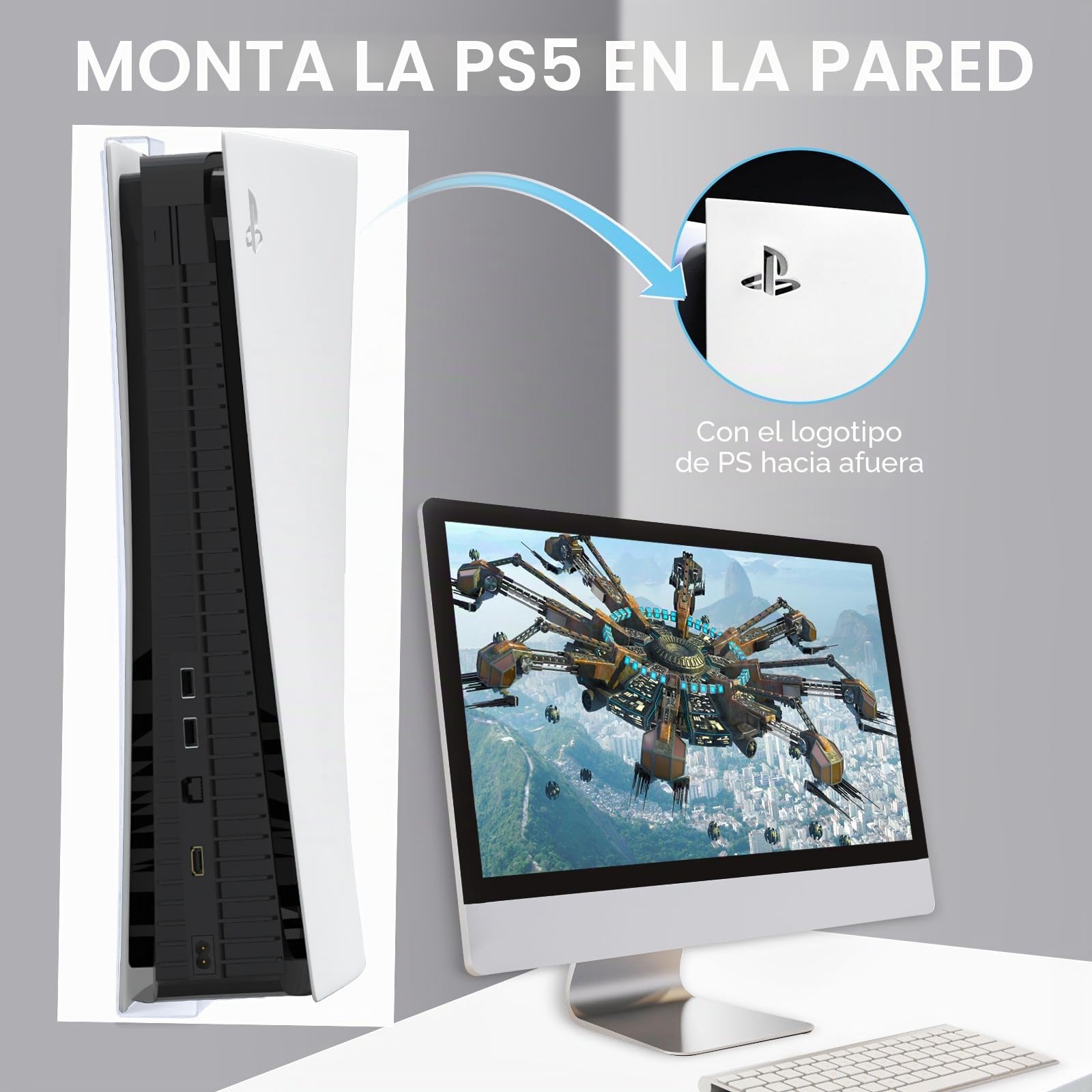 Soporte de Pared para PS5 Consola (Disco y Edición Digital) con Mando y Auriculares - Montaje en Acero para Playstation 5 (Blanco)