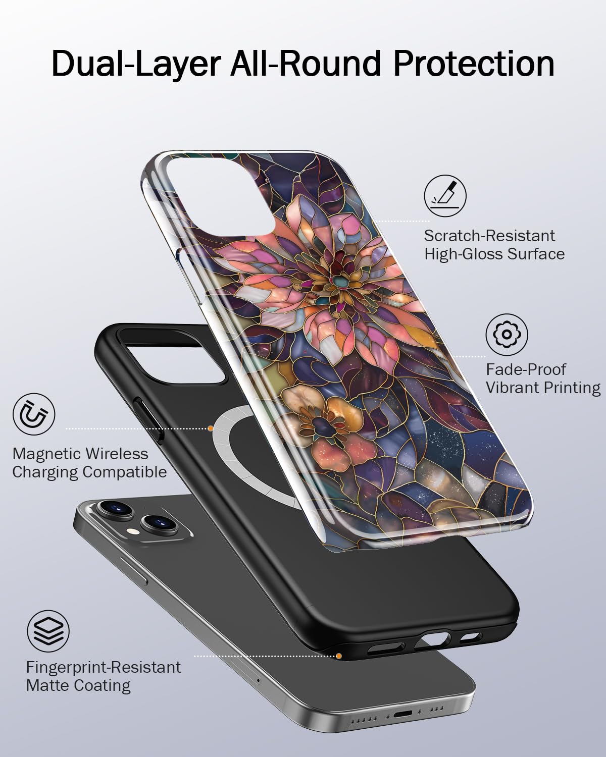 LUMARKE for iPhone 14 Case/iPhone 13 Case with Cute Wildflower Design – Aesthetic Y2K Floral Phone Cover for Women Girls, Dual-Layer Protection, Wireless Charging Compatible - Mosaic Purple Flower - 3