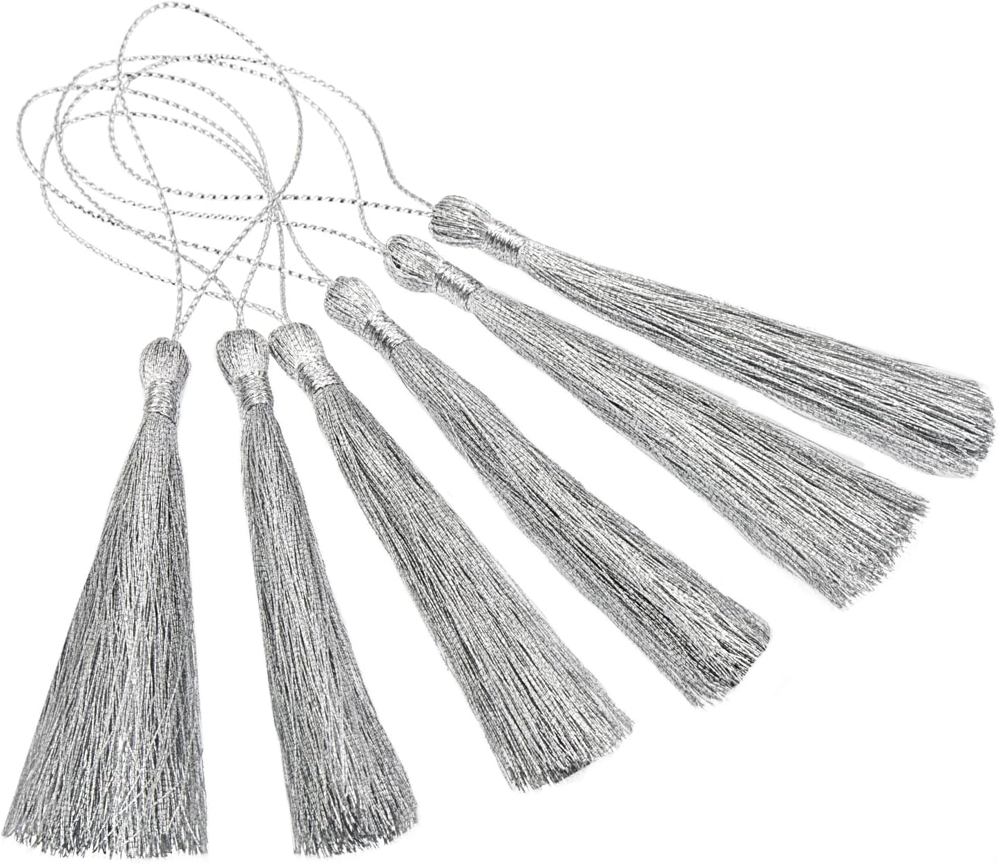 VAPKER 100Pcs Metallic Silver Thread Tassels 13cm/5 Inch Bookmark Tassels Mini Silver Wire Rope Tassels with 2-Inch Loop for Clothes Wedding Cards Jewelry Making DIY Craft Projects(Silver Tassels)