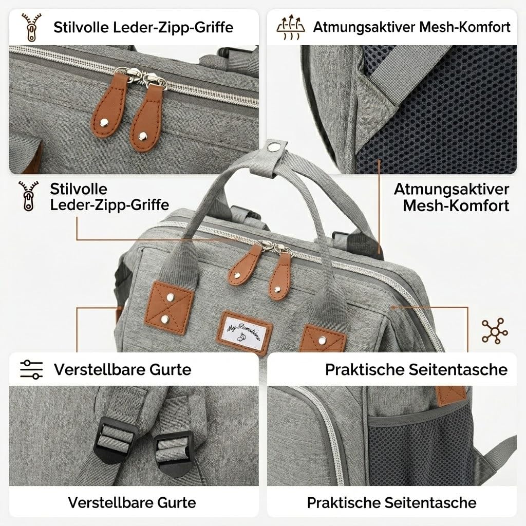 Zaino fasciatoio grande con fasciatoio e borsa termica, borsa fasciatoio alla moda con molto spazio, impermeabile, grande per viaggi e vita quotidiana, fissaggio per passeggino GROWZELT