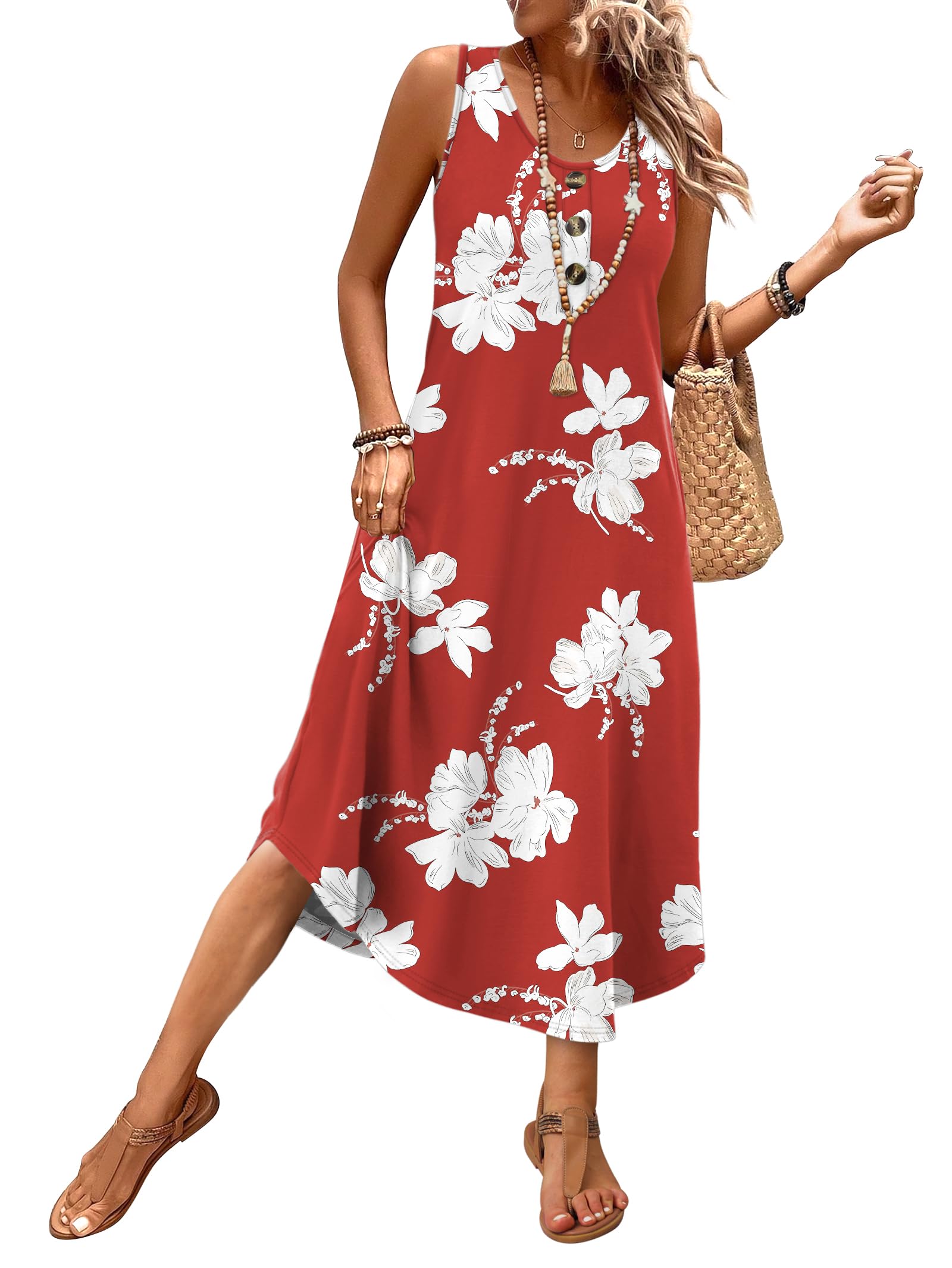 WIHOLL Summer Dresses for Women 2026 Button Front Sleeveless Casual Midi Dress Beach Vacation Sundresses with Pockets