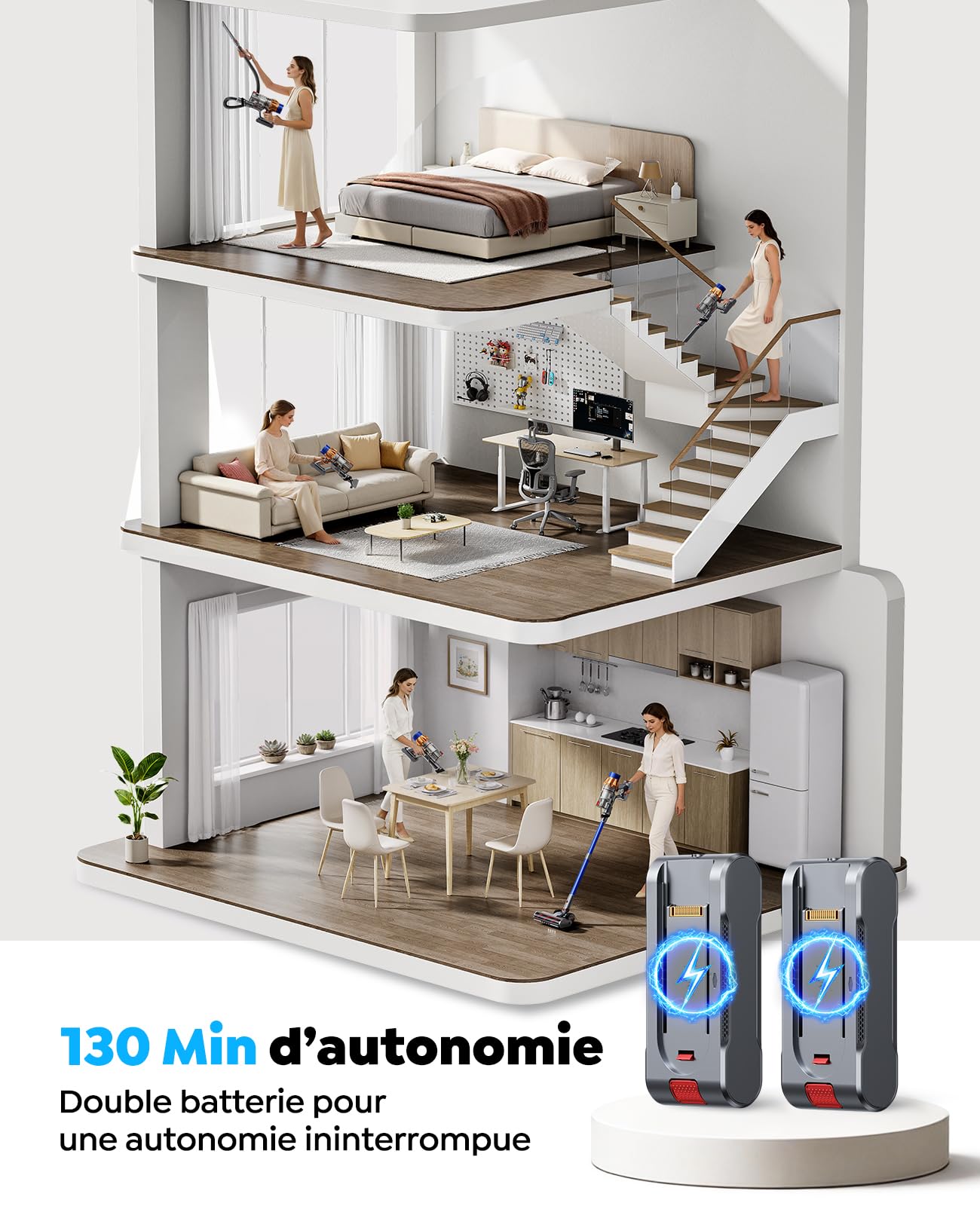 Fieety Aspirateur Balai sans Fil avec 2 Batteries, 130Min/50kPa/600W Aspirateur sans Fil Puissant, Tuyau Extensible, Brosse Canapé, Parfumé, Mode Automatique pour Sols Durs, Tapis, Animaux et Voiture