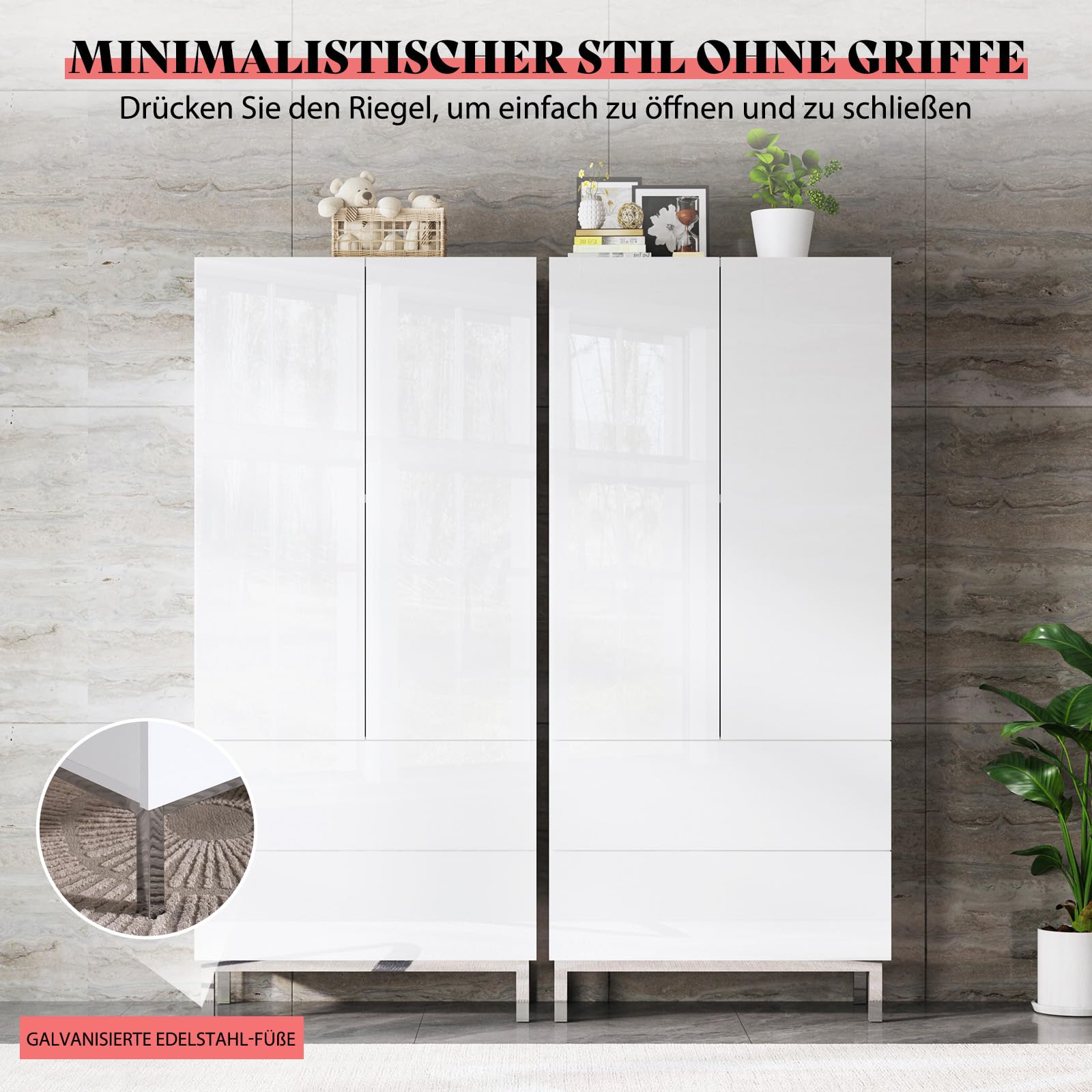 LUXOAK Moderner Hochglanz Schrank Weiß mit 2 Türen & 2 Schubladen – 86×40×178 cm Mehrzweckschrank mit Metallfüßen, Push-to-Open, Verstellbare Einlegeböden Für Wohnzimmer, Küche, Flur
