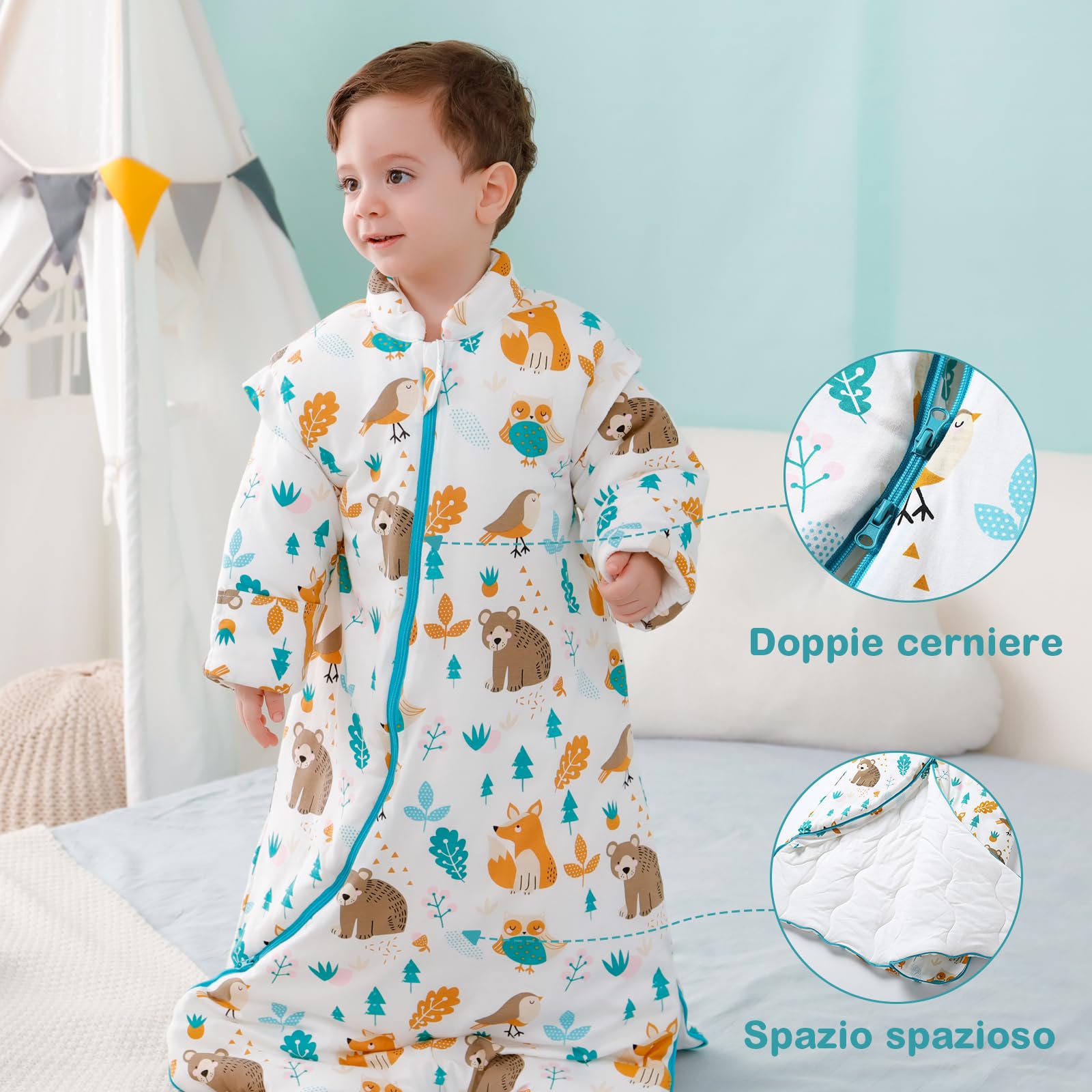 Sacco a pelo invernale per bambini Sacco a pelo per bambini 3,5 Tog Sacco a pelo in puro cotone Varie dimensioni dalla nascita ai 4 anni(Mondo animale,75-90 cm (7-18 mesi))