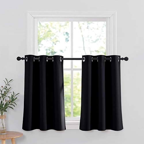 RYB HOME Blackout Tiers Window Drapery Valances for Bedroom, Thermal Insulated Tailored Curtains Privacy Drapes for Nursery/Baby Room, Width 42 inches by Length 36 inches Each Panel, Black, 2 Pcs