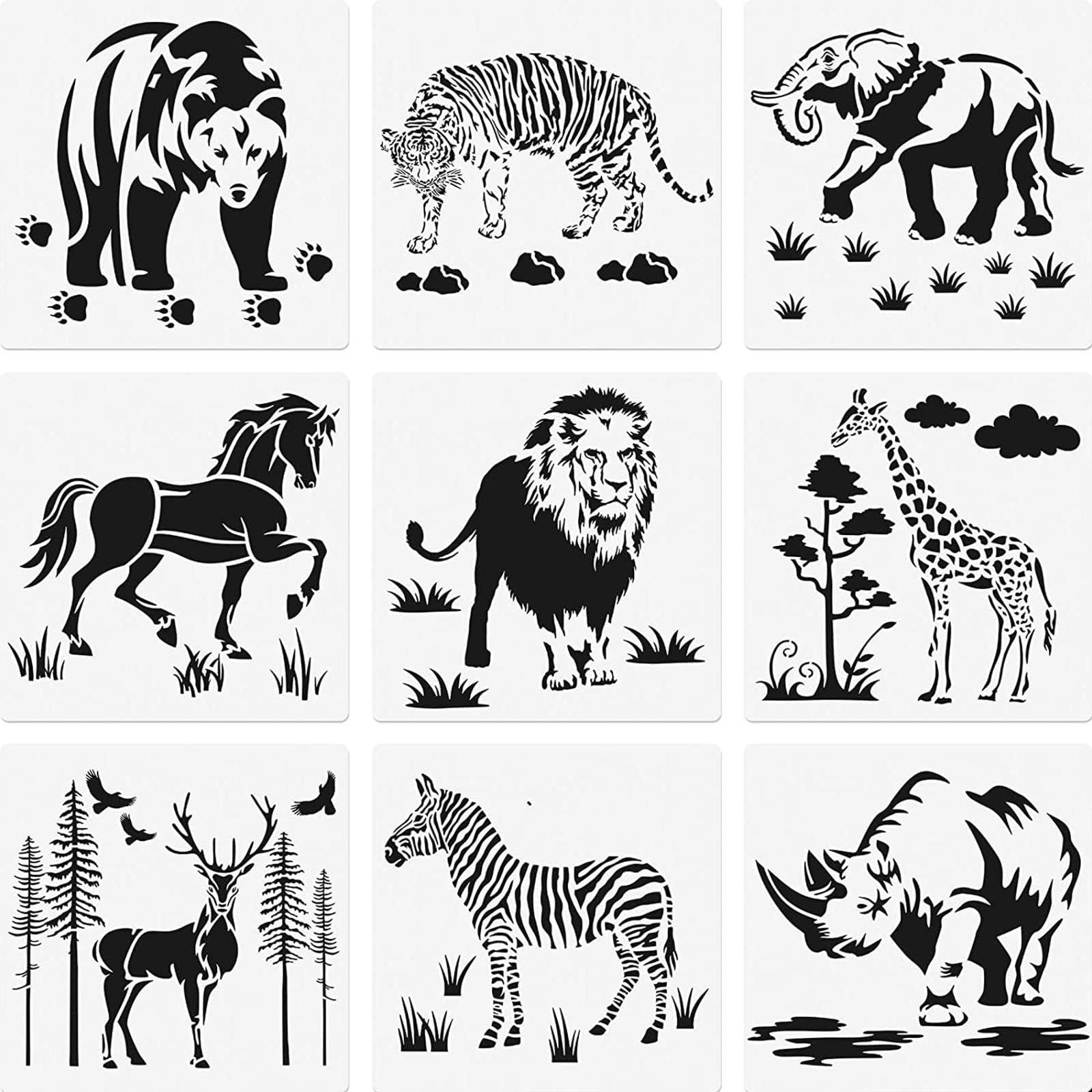 9 Pcs Animal Stencil Templates Reusable Animal Painting Stencil Bear Tiger Elephant Horse Lion and so on Painting Wall Stencils Plastic Hollow Rangoli Stencils Templates for Painting DIY Art Scrapbook