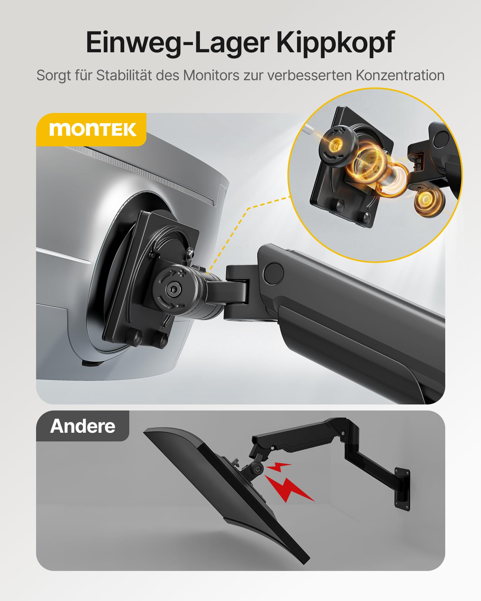 monTEK Supporto da parete singolo per monitor ultrawide da 17 a 57 pollici, fino a 27 kg, in alluminio ad alta resistenza con regolazione dell'altezza, funzione pneumatica, VESA 100 x 100/75 x 75