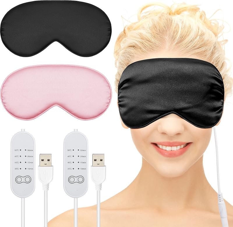Máscara térmica de seda para os olhos Geyoga com USB, temperatura ajustável, preta e rosa, pacote com 2