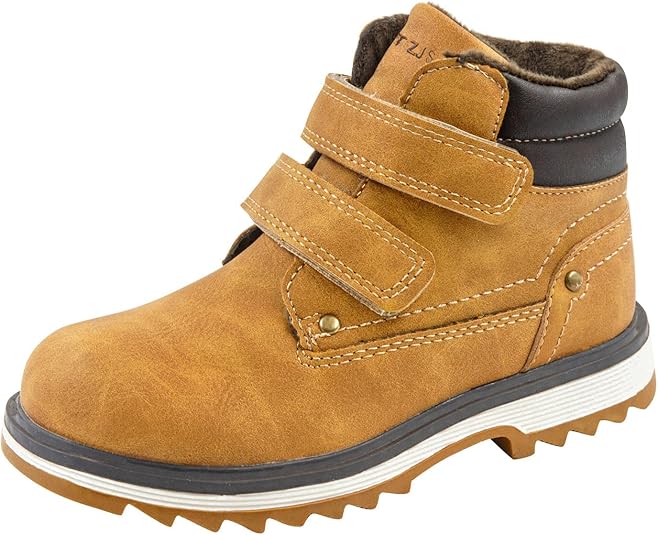 TZJS Kids' Waterproof Hiking Work Boots with Hook-and-Loop – Camel Warm
