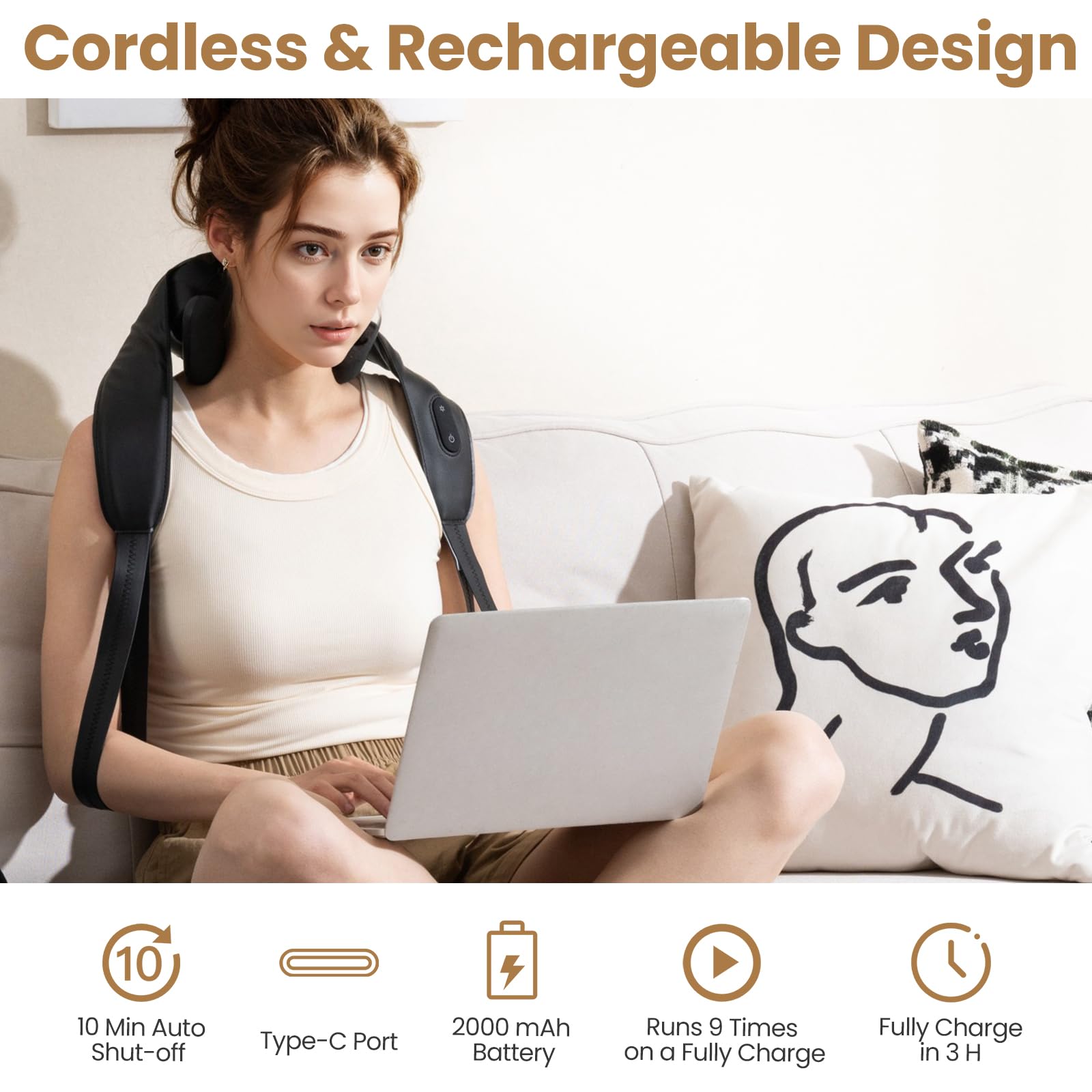 HOMASIS Masajeador de Cuello Inalámbrico con 2 Niveles de Calor, 4D Shiatsu Maseajor Cervical y Espalda con Masaje para Casa, Oficina y Coche Negro