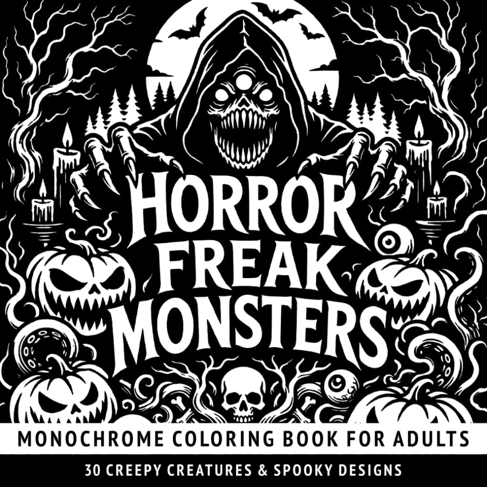 Monochrome Horror Freak Monsters Coloring Book: Creepy Creatures & Spooky, Halloween Designs for Relaxation... Adults and Gothic Horror Fans.