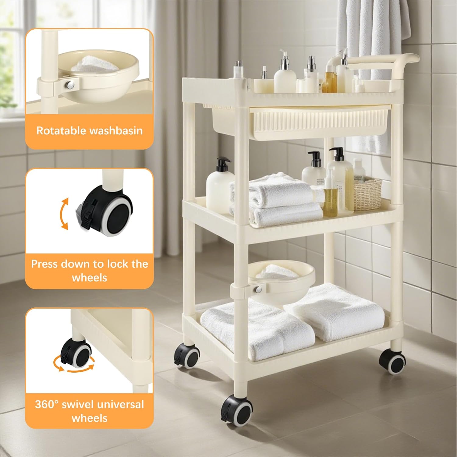 3 Tier Rolling Cart with Drawers, White Utility Carts for Kitchen, Laundry Room and Bedroom, 3 Tier Grocery Carts for Home and Office, Bathroom Organizers and Storage Rack on Wheels