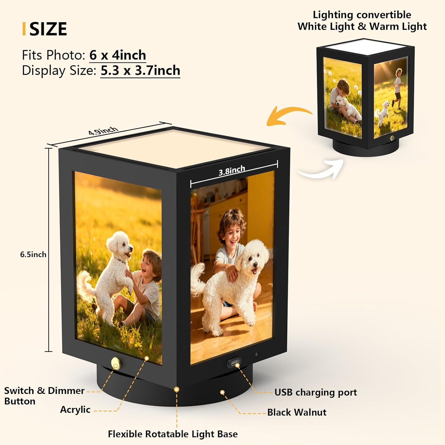 Mixoo 4x6 Picture Frame Light , Vintage Rotating Photo Frame Tabletop Lamp , Touch Desk Lamp for Bedroom Bedside, Table lamps for Office Family Retirement Anniversary Mother's Day Birthday Gifts for Women Men (Wooden Black)