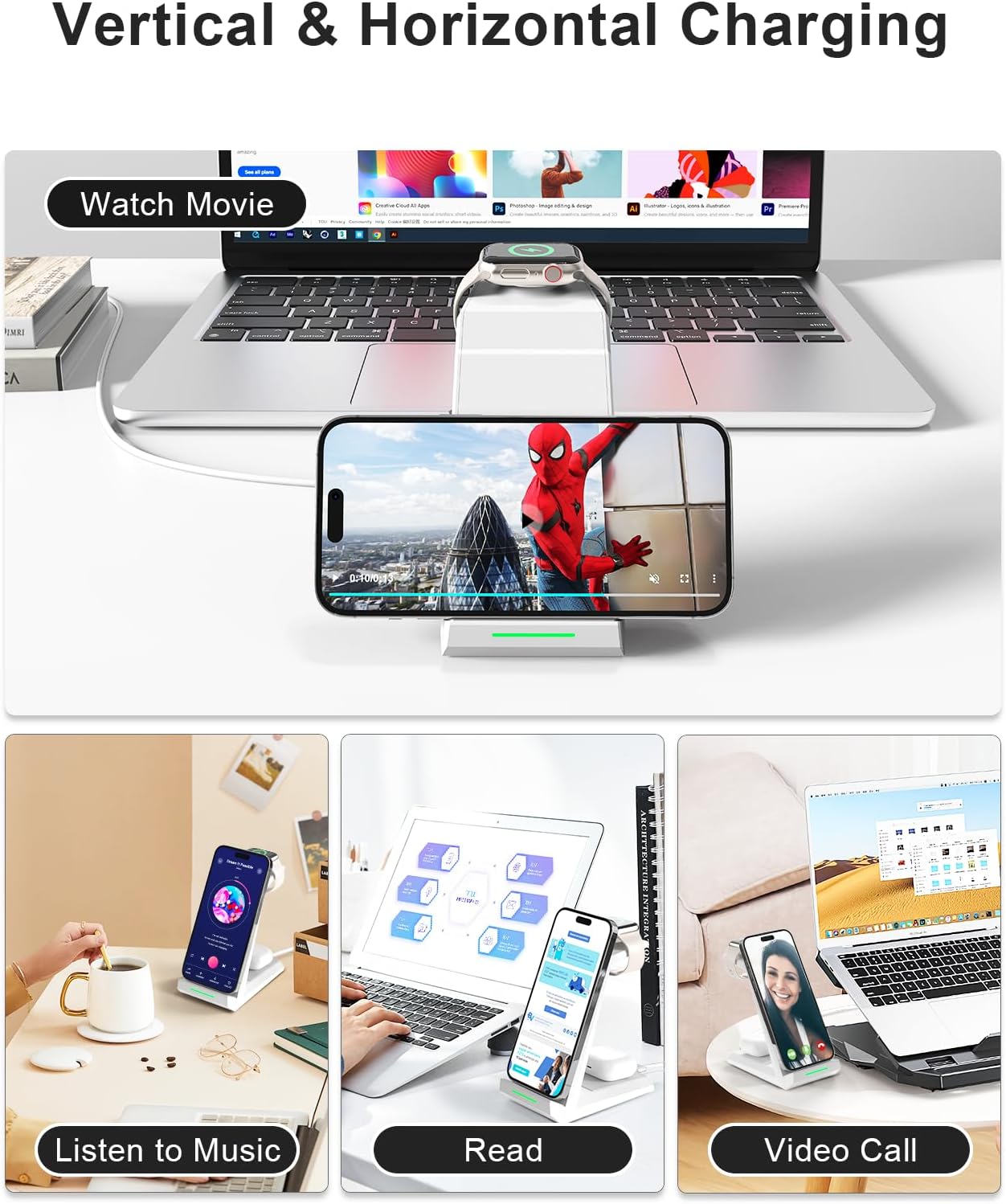 ADADPU Wireless Charging Station for iPhone - 3 in 1 Charger Stand for iPhone 17 16 15 14 13 12 11 Pro Max Plus,Charging Dock for Apple Watch 8/7/SE/6/5/4/3/2, AirPods Pro(5 ft Cable&Adapter Included)