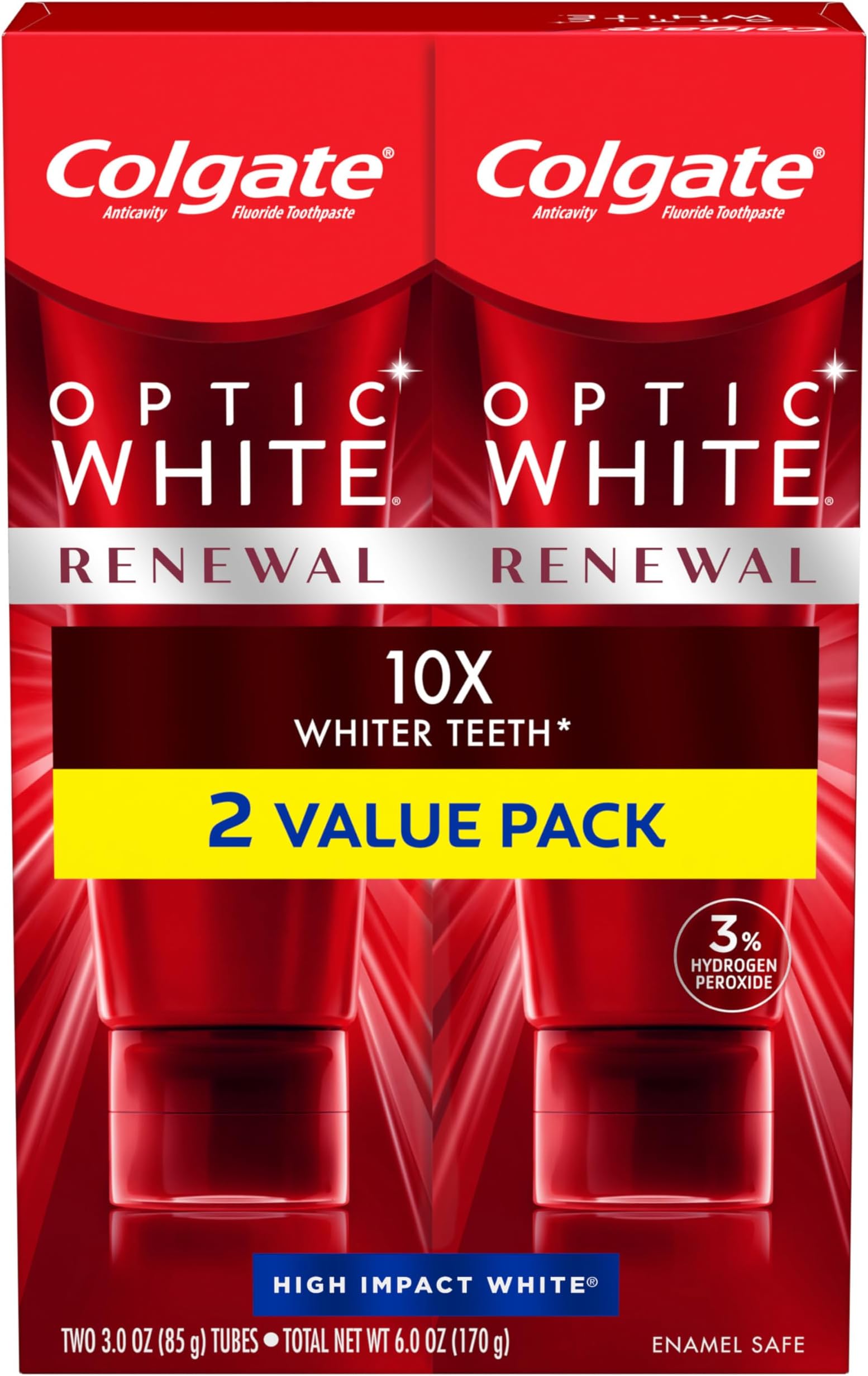 Colgate Optic White Renewal Teeth Whitening Toothpaste with Fluoride, 3% Hydrogen Peroxide, High Impact White, Mint - 3 Ounce (2 Pack)