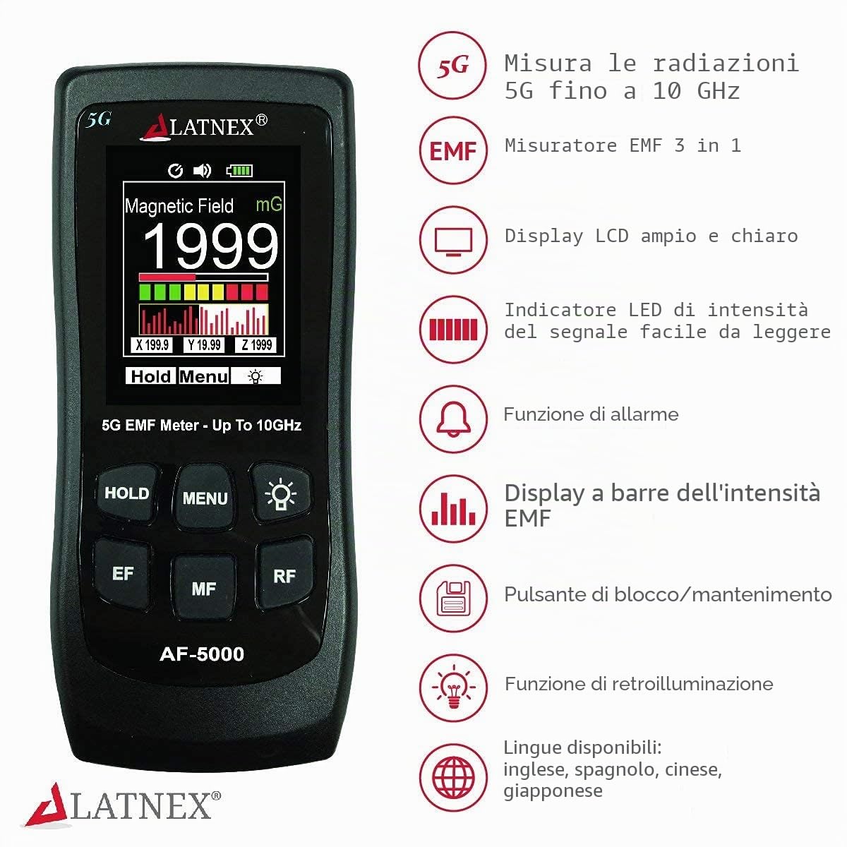 LATNEX AF-5000 5G EMF Meter RF Detector Tester e lettore con certificato di calibrazione - Test e misure RF e microonde, 3 assi Gauss o Tesla campi magnetici e campi ELF elettrici