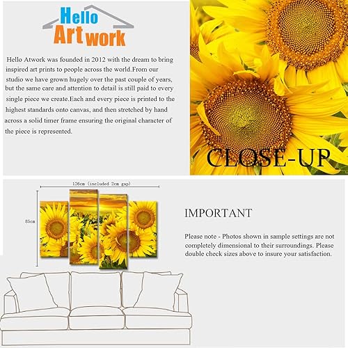 Miniatura 6 de iHAPPYWALL Lienzo de girasol de 4 paneles para pared, diseño de flores de amanecer en campo, paisaje de otoño, pintura sobre lienzo para sala de