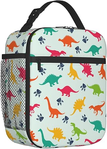 Linda lonchera de dinosaurios con bolsillo lateral, bolsa de almuerzo portátil para mujeres y hombres, bolsa de almuerzo aislada, organizador de