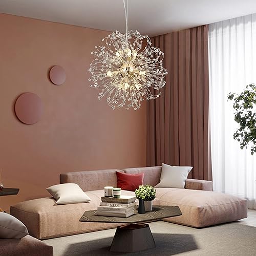 Miniatura 4 de Isamacc Candelabros de cristal de diente de león, lámpara de araña moderna de 9 luces para comedor, lámpara colgante Sputnik dorada para dormitorio,