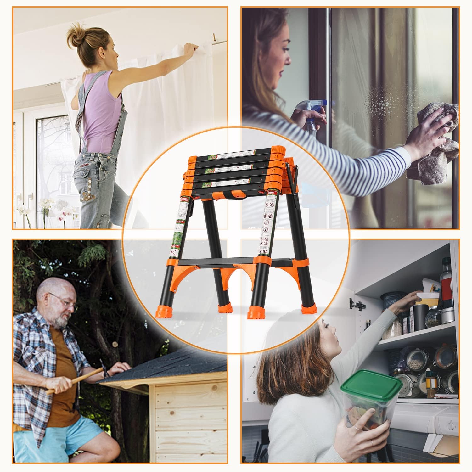 RIKADE Telescoping Ladder, A-Frame Aluminum Telescopic Ladder with 1 Button Retraction, Portable Extension Ladder Adjustable Lightweight Folding Ladder for Home or RV Work, 330lb Capacity - Image 6