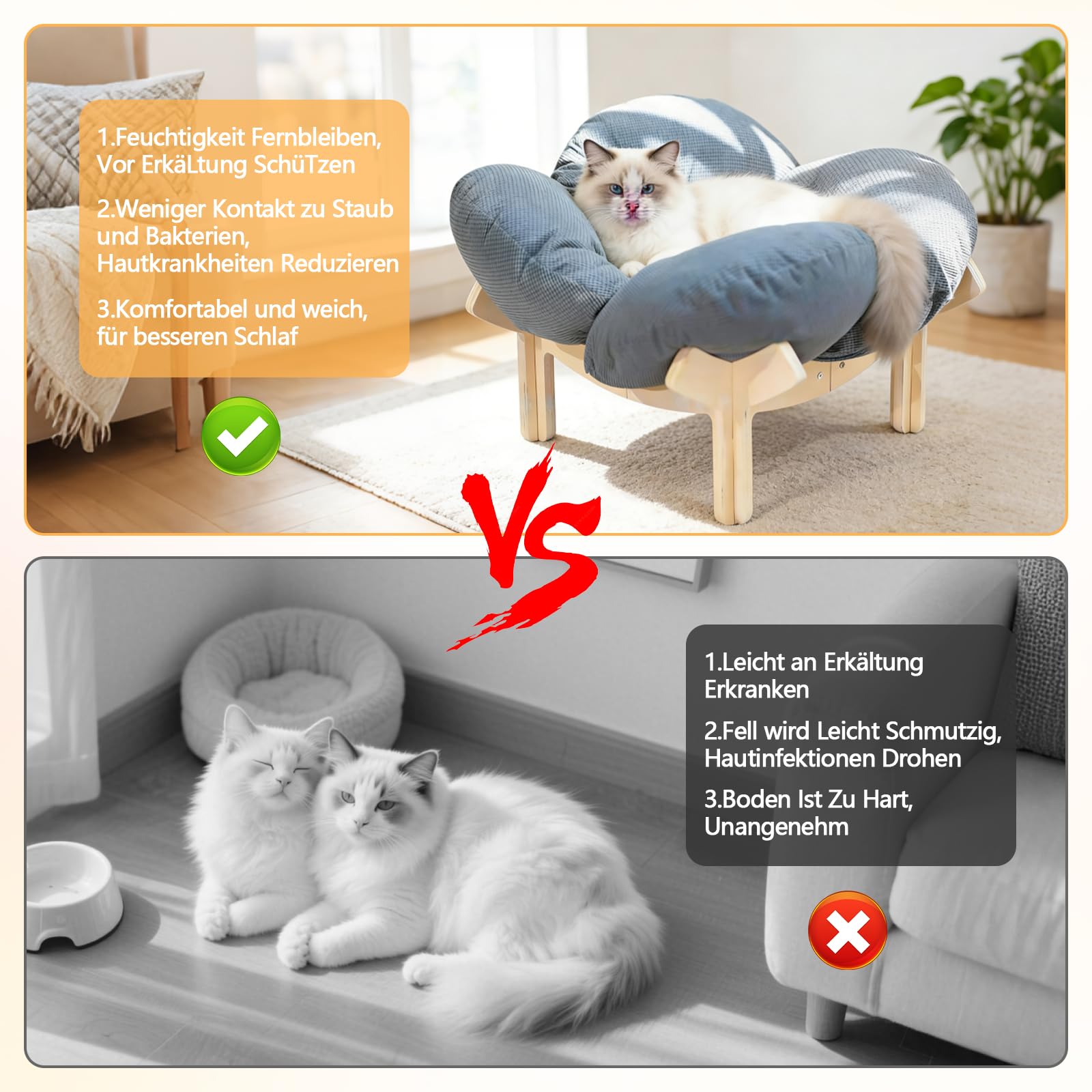 Erhöhtes Katzenbett aus Holz, Flauschiges Katzensofa in Blumenform, Katzenkissen mit waschbarem & Holzrahmen für kleine Katzen, Hunde, Katzenmöbel, 55L x 55W x 32H cm