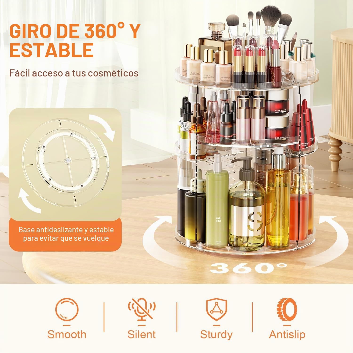 Auxmir Organizador de Maquillaje Giratorio 360, Organizador Perfumes y Cremas, Almacenaje Maquillaje con 9 Niveles Ajustables, para Pintalabios Brochas Baño Tocador, Gran Capacidad, Transparente