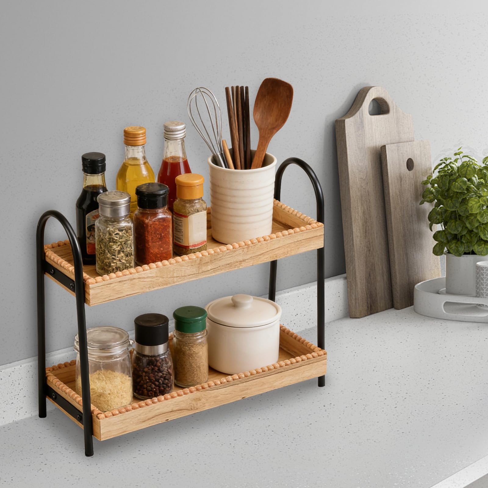 Qinglang Brown Kitchen Countertop Organizer 2 Tier Vanity Perfume Organiser Spice Rack Bathroom Shelf Storage Wooden Cosmetic Makeup Storage Shelf For Skincare Perfume Coffee Station