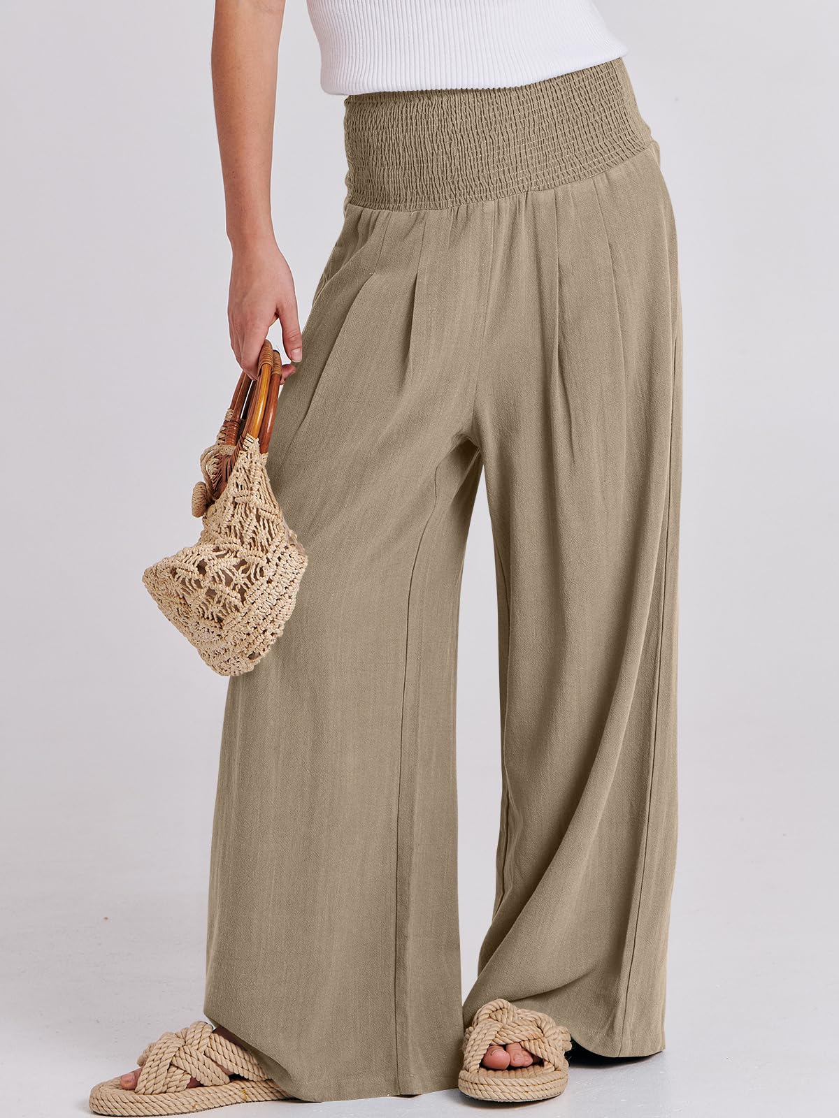 ANRABESS Women Linen Palazzo Pants Summer Boho Wide Leg High Waist Casual Lounge Pant 2025 Beach Travel Vacation Outfits: Brown Small
