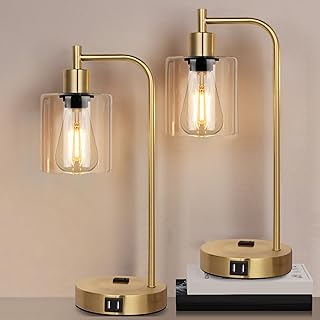 QiMH Set of 2 Industrial Touch Control Table Lamps with 2 USB Ports and 2 AC Outlets, 3-Way Dimmable Bedside Nightstand Reading Lamps with 2700K LED Bulbs, Glass Desk Lamp for Living Room,Bedroom