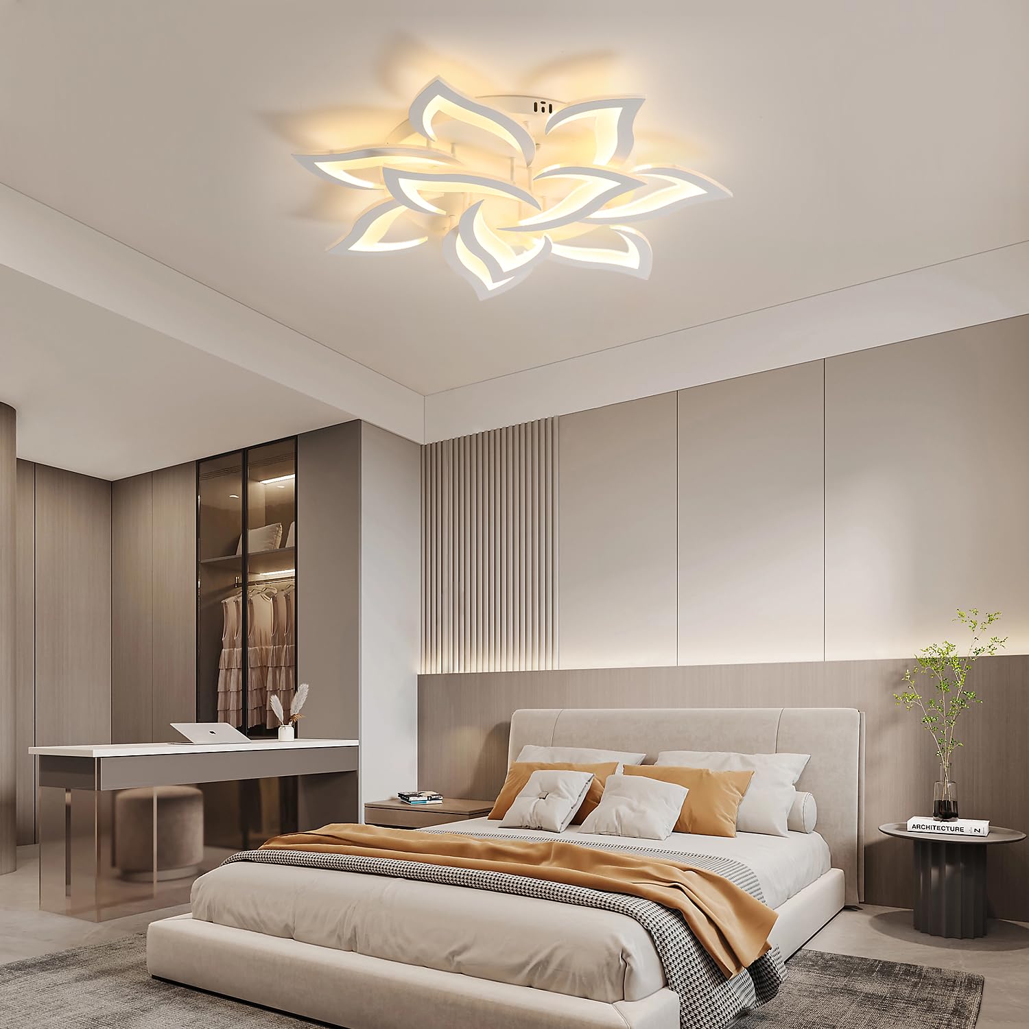 Goeco Lamparas de Techo Salon, 60W Plafon LED Techo Moderno Blanco Diseño Flor Pétalos, Luz de Techo LED Dormitorio para Cocina, Comedor, Estudio, Oficina, Luz Blanca Cálida 3000K, 80CM
