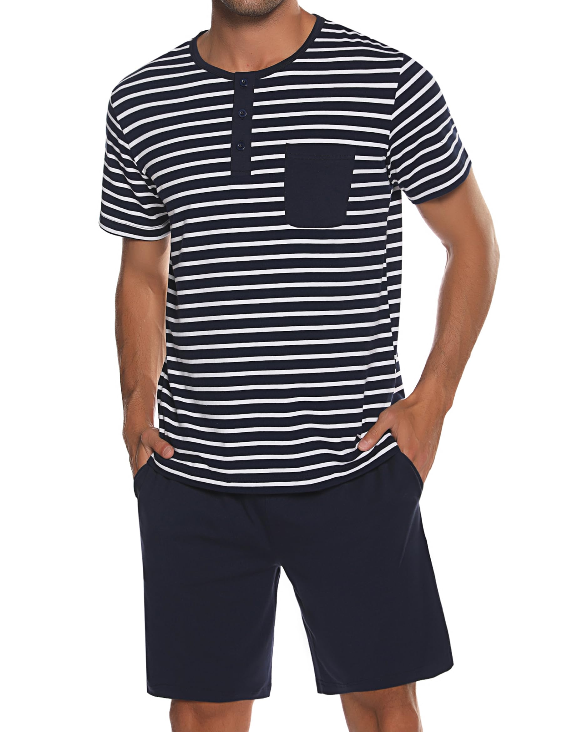 Leversic Schlafanzug Herren Kurz aus Baumwolle mit Kontraststreifen Design, Sommer Pyjama Set Oberteile und Kurze Hosen für Vater und Partner