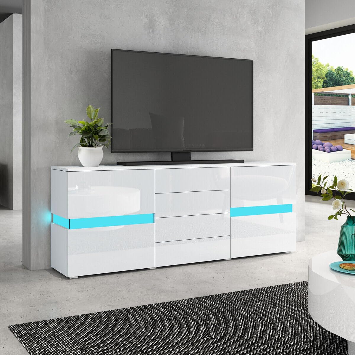 Modernes LED Sideboard Hochglanz Front TV Lowboard Aufbewahrungsschrank mit 2 Türen und 4 Schubladen Küchenschrank für Wohnzimmer Esszimmer Weiß 177 x 35 x 72cm