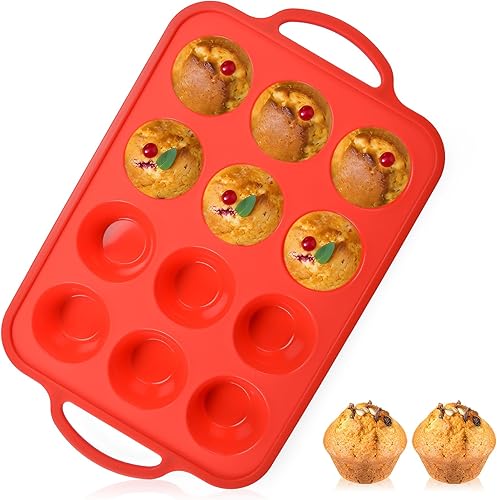 Vinino Paquete de 1 moldes pequeños de silicona para magdalenas con marco reforzado de metal, 12 tazas de silicona fácil de liberar, bandeja de
