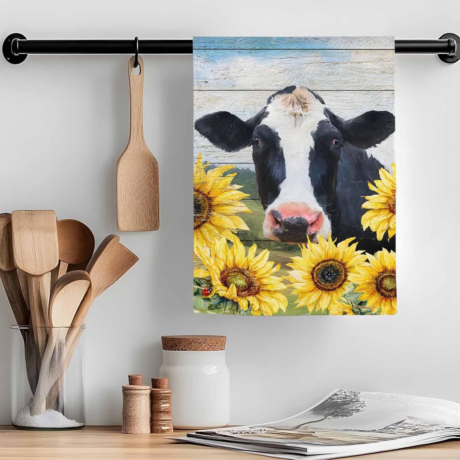 Kitchen Dish Towels and Dishcloths Sets, Rural Oil Painting Cow with Sunflower 18 X 28 Inches Absorbent Hand Towels Dish Rags with Hanging Loop for Home Cleaning Blue Sky Backdrop