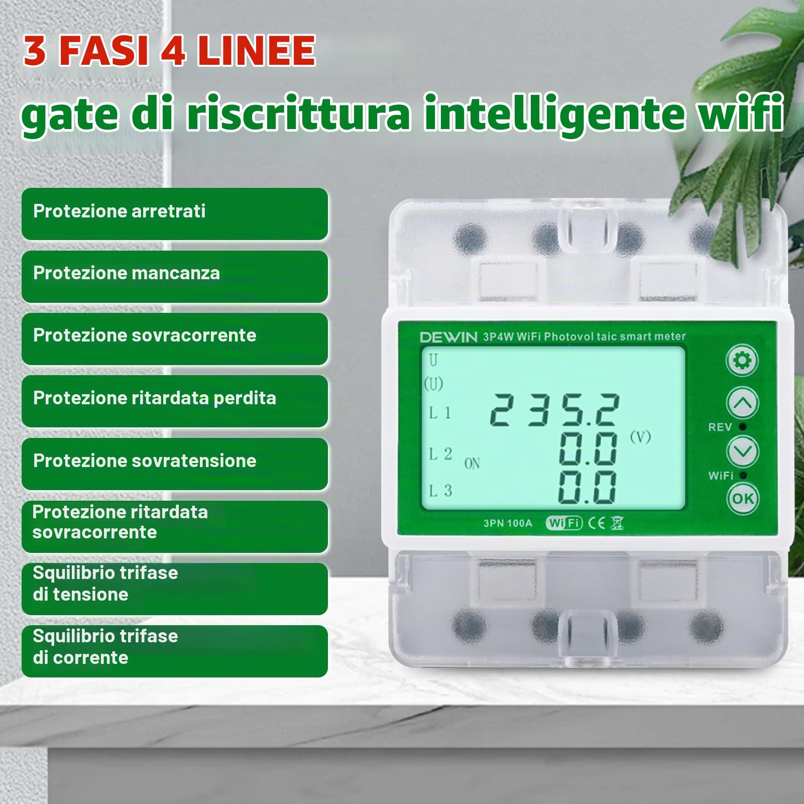 DEWIN Contatore Energia Elettrica Trifase WiFi,100A 380VAC Tuya Smart Misuratore Consumo Elettrico WiFi con Sbilanciamento di Tensione/Perdita di Fase e ECC. (con Manuali Italiani)