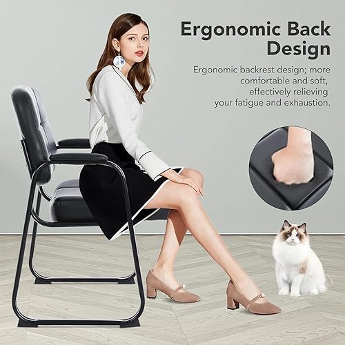 Miniatura 4 de CLATINA Silla de invitados grande y alta, cómodas sillas de recepción con reposabrazos acolchado de cuero regenerado y base de trineo para oficina,