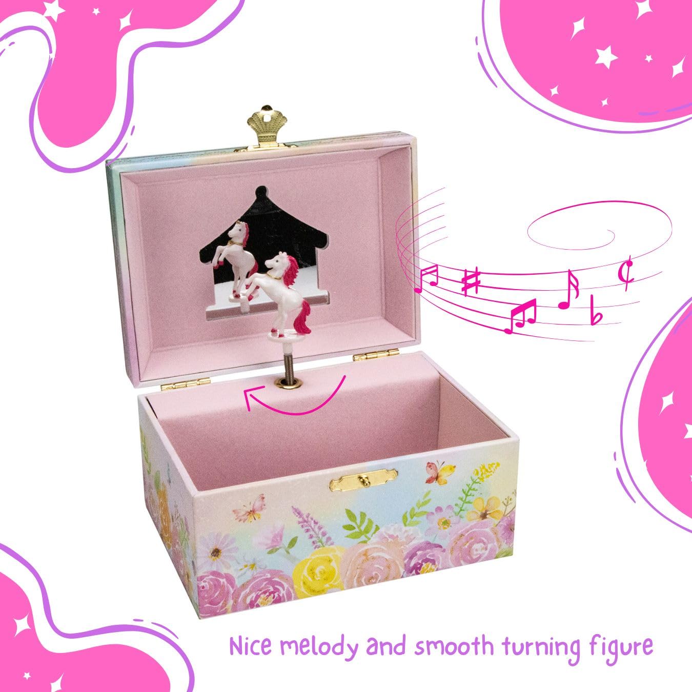 GICO Joyero unicornio para niñas, reloj infantil con música, figura giratoria y espejo, regalo de cumpleaños para niñas, caja de joyas para niños, 15 x 13 x 9 cm – 92066