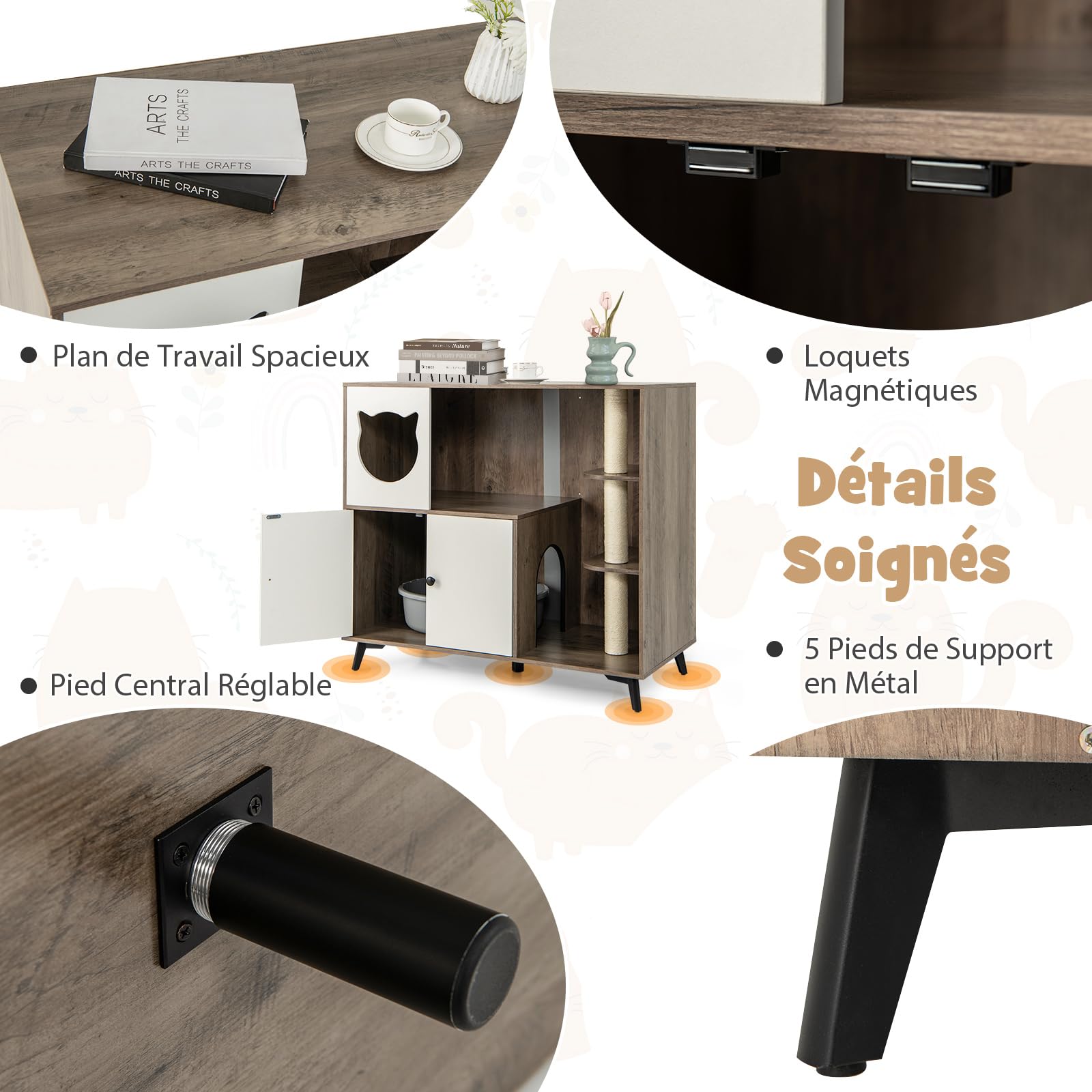 GYMAX Meuble Cache-Bac à Litière pour Chat, 3 Griffoirs à Gratter, Plateformes de Sauts, Condo pour Chat, Maison pour Chats d'Intérieur 2 Niveaux