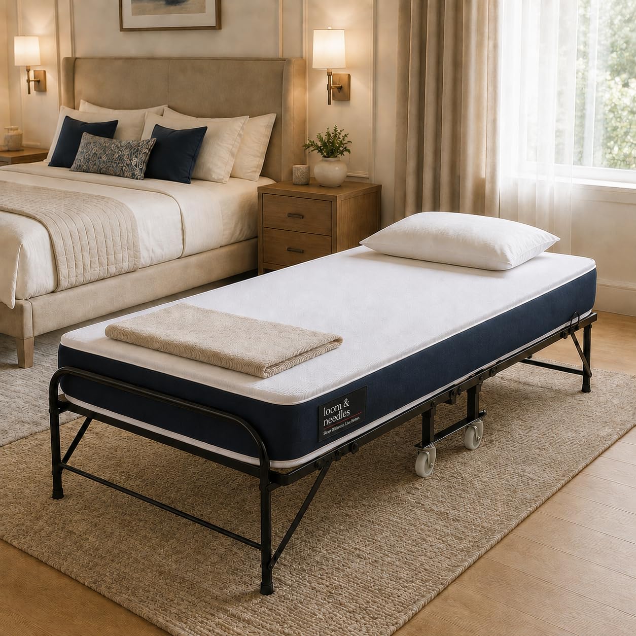 LOOM & NEEDLES Rollaway Folding Bed With Free 6-Inch Pocket Spring Zoned Ortho Foam Mattress, Lockable Wheels, Metal Frame (Medium Firm) (75X36X6Inch) / (190.5X91.44X15.24Cm), Assorted-image-9