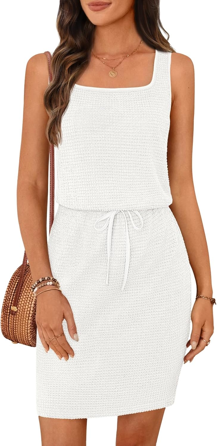 MEROKEETY Women's Summer Mini Sundress Casual Waffle Knit Square Neck Drawstring Beach Tank Dresses