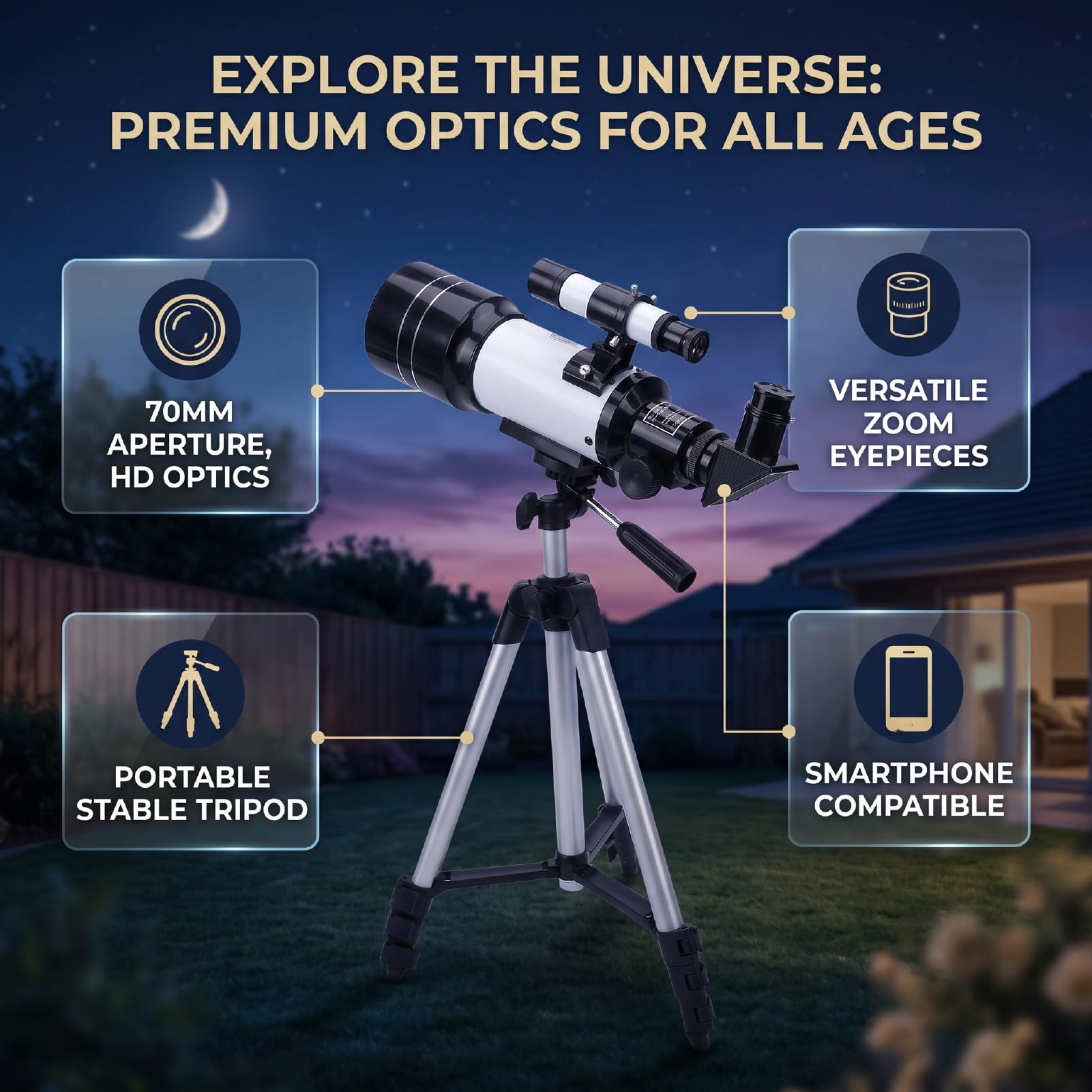 Tbest Teleskop Przenośny 70mm Otwór 300mm Ogniskowa Astronomia 15X 50X