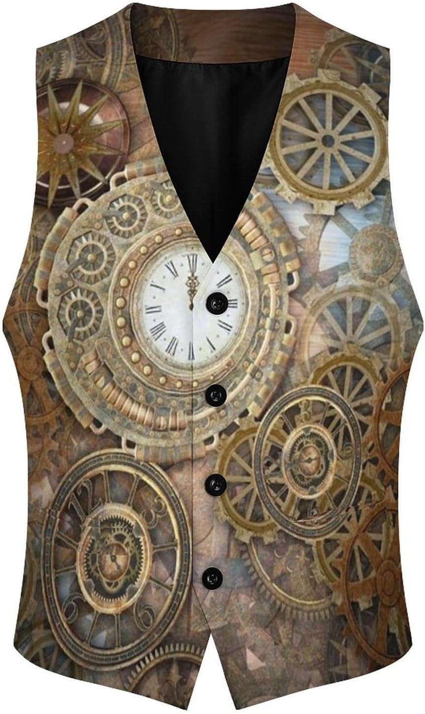 Retro Steampunk Clocks and Gears Funny Men's Formal Suit Vest Casual Business Dress Waistcoat Printed Vest Slim Fit