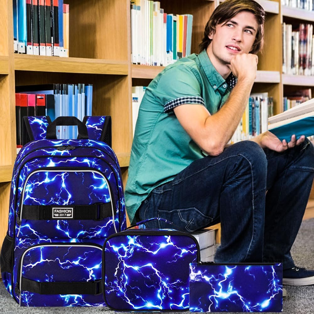 AGSDON Laptop Backpack, 17 Inch School Bag College Bookbag, Anti Theft Daypack Bags and Lunch Bag Set, Water Resistant lightning Backpacks for Teens Boys Men Students(Blue) - Image 3