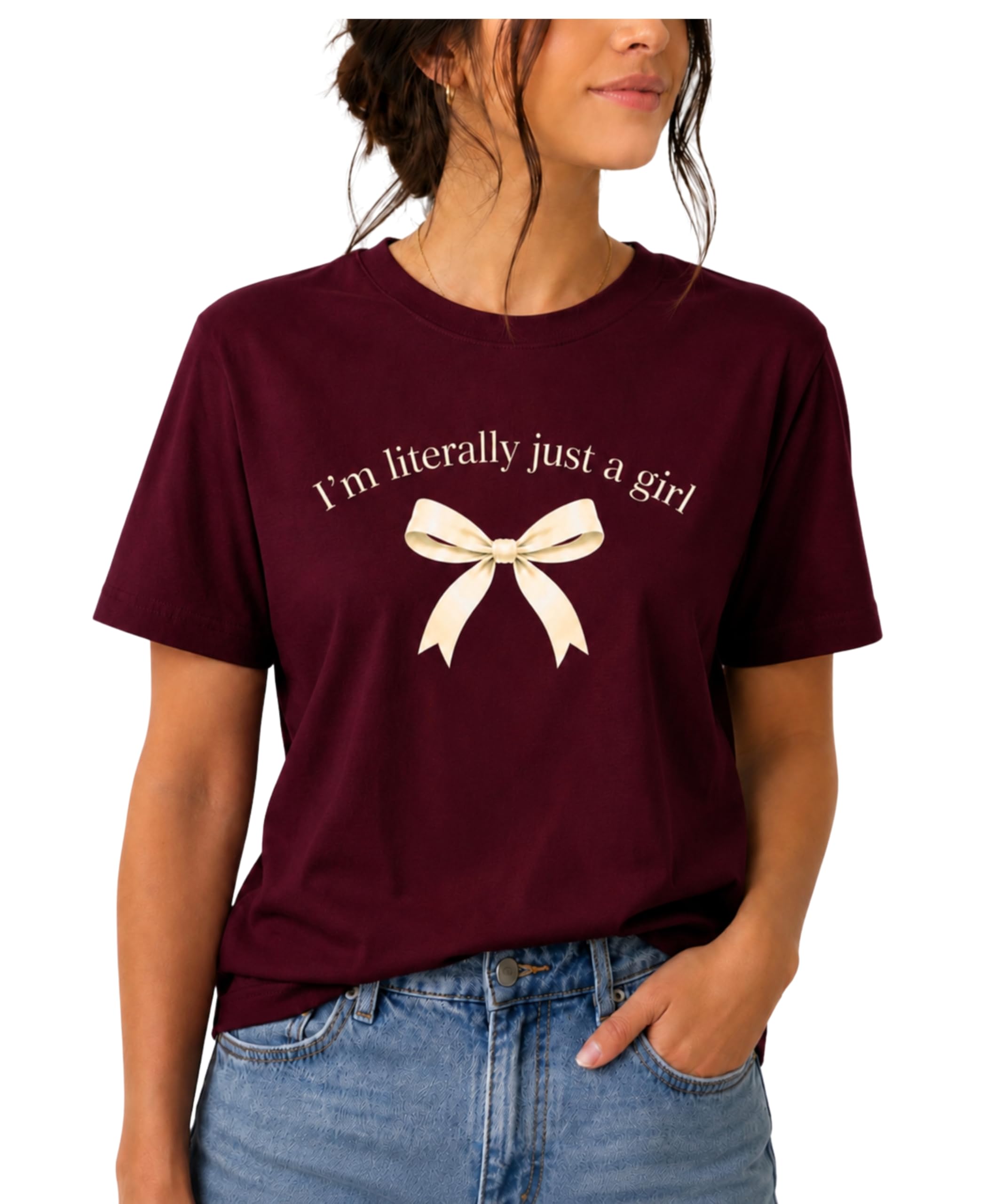 LUFORI Women's Relaxed Fit Graphic T-Shirt | Just A Girl Bow Print | Cotton Round Neck Half Sleeve T-Shirt for Woman-picture-11