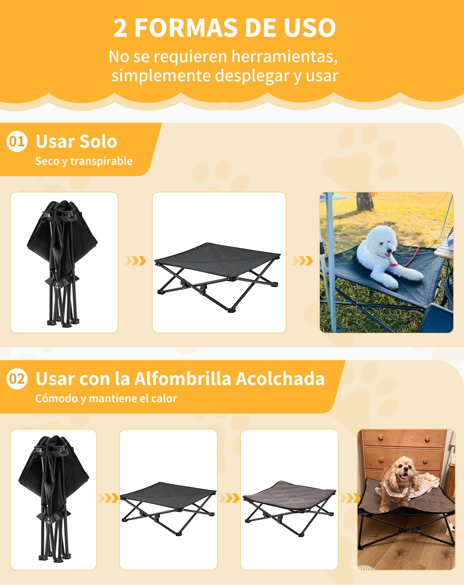 KingCamp Cama Elevada para Perros con Alfombrilla de Ante Extraíble, Cama Elevada Plegable Portátil de Camping para Perro Gatos Mascotas, en Textilene Transpirable, para Exterior Jardín, 57x57x23cm