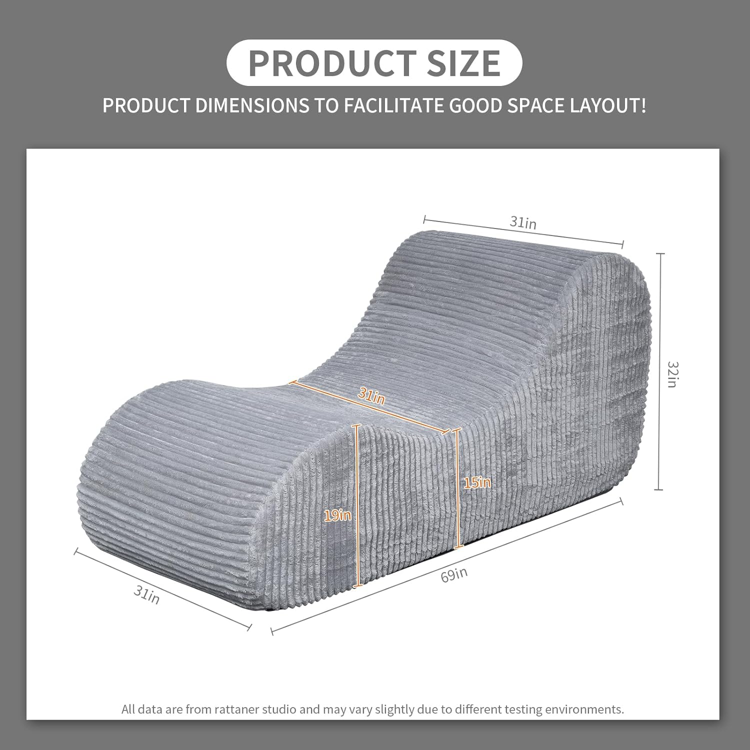 Rattaner Corduroy Chaise Lounge Chair Couch Indoor Boneless Oversized High-Density Sponge Soft Sofa, Grey