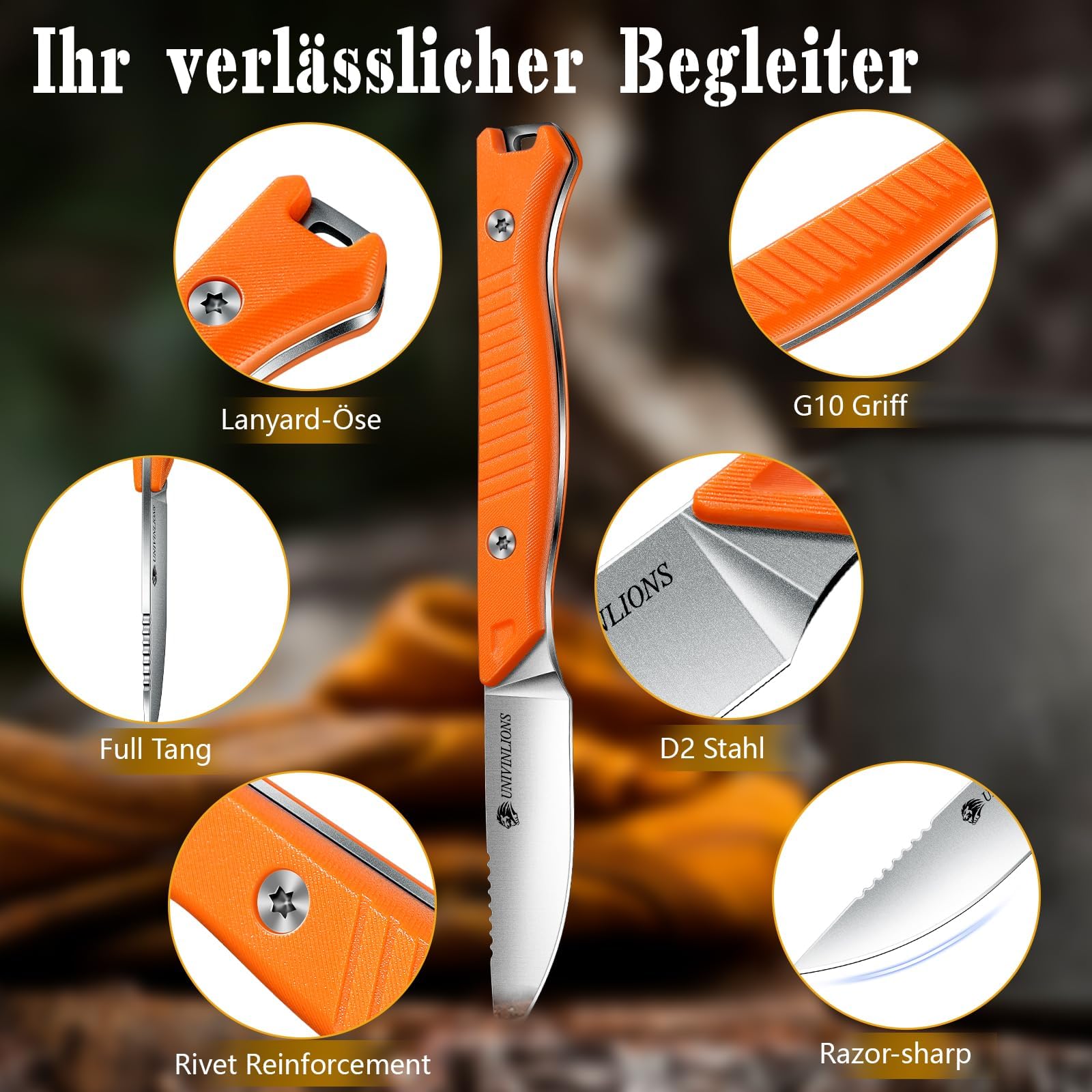Neck Knife Outdoor Messer, D2-Edelstahl Survival Feststehendes Messer Halskette, mit Kydex Scheide Jagdmesser, G10 Griff Mini EDC Messer,Geschenk für Männer Orange